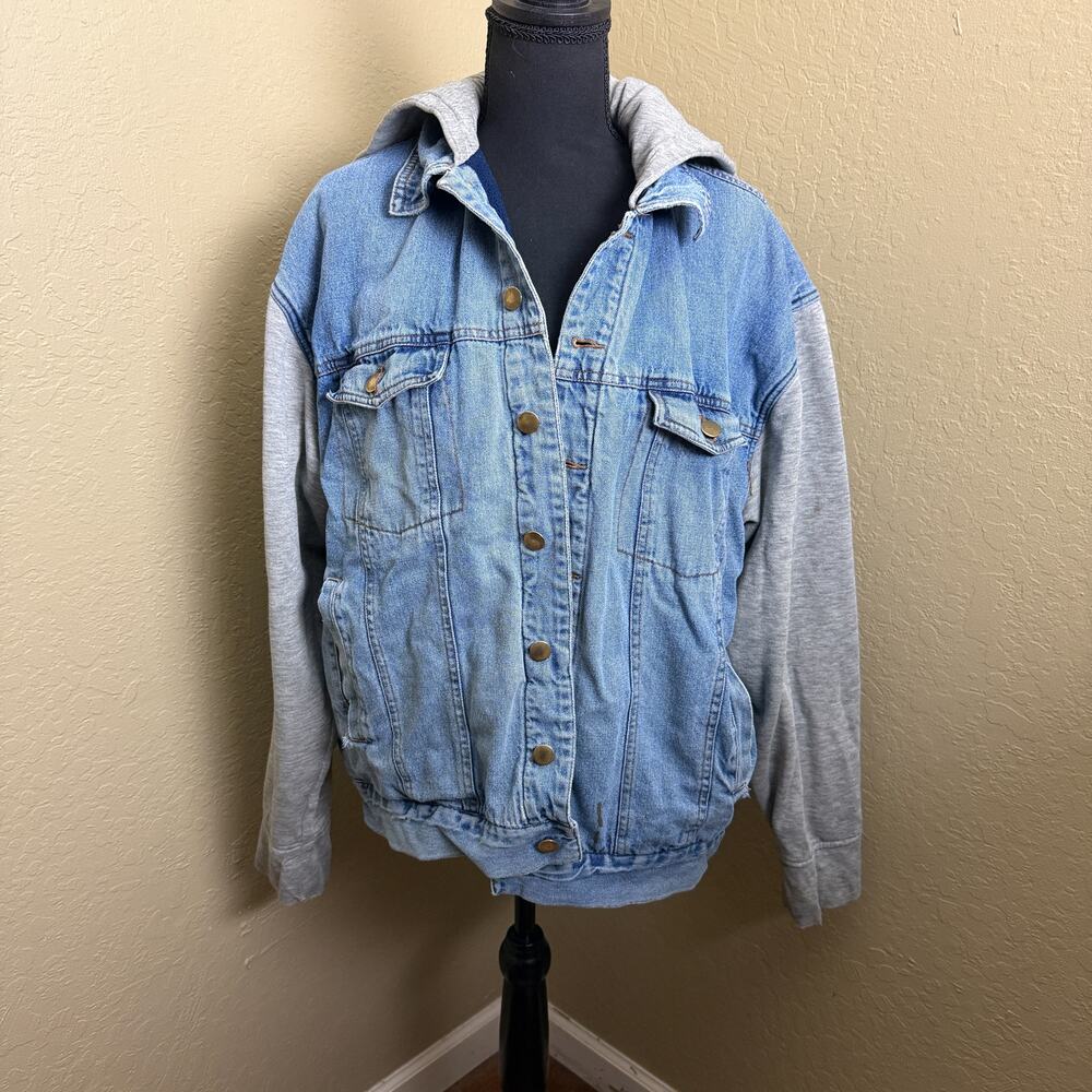 NYC Vintage Denim Jacket Hoodie Combo Blue Jean Gray Hood Mens L
